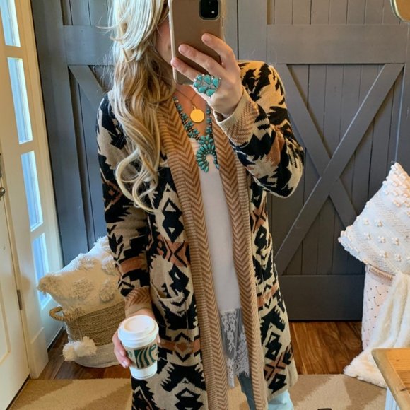 New Montana Western Long Cardigan Sweater Top / Tribal Native Aztec Yellowstone - Picture 3 of 8